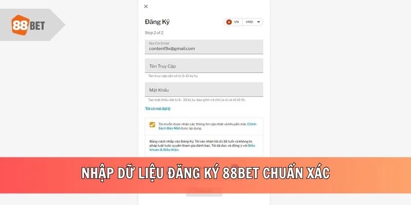 Nhập dữ liệu đăng ký 88BET chuẩn xác